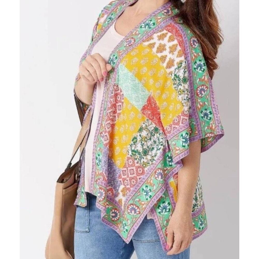 Tolani Collection Kimono Women's 2X Petite Raelyn Yellow Patchwork Boho Modal